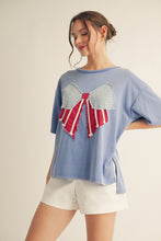 Load image into Gallery viewer, Jodifl OVERSIZED Knit Top with Vintage Flag Patched Bow Front in Blue
