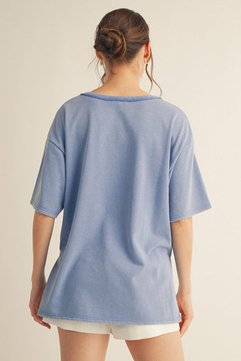 Jodifl OVERSIZED Knit Top with Vintage Flag Patched Bow Front in Blue