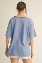 Load image into Gallery viewer, Jodifl OVERSIZED Knit Top with Vintage Flag Patched Bow Front in Blue
