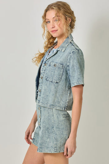 Mystree Short Sleeve Denim Top in Washed Dark Denim (TOP ONLY)