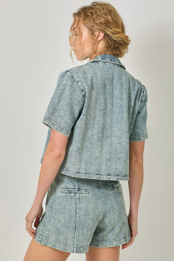 Mystree Short Sleeve Denim Top in Washed Dark Denim (TOP ONLY)