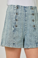 Mystree Double Breasted Wide Leg Shorts in Washed Dk. Denim
