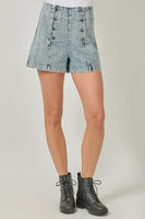 Mystree Double Breasted Wide Leg Shorts in Washed Dk. Denim