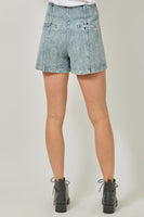 Mystree Double Breasted Wide Leg Shorts in Washed Dk. Denim