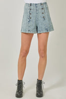 Mystree Double Breasted Wide Leg Shorts in Washed Dk. Denim