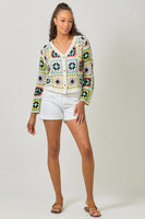 Mystree Crochet Button Up Cardigan in Seafoam Black