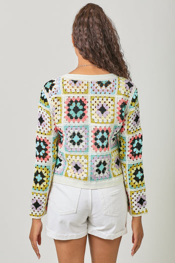 Mystree Crochet Button Up Cardigan in Seafoam Black