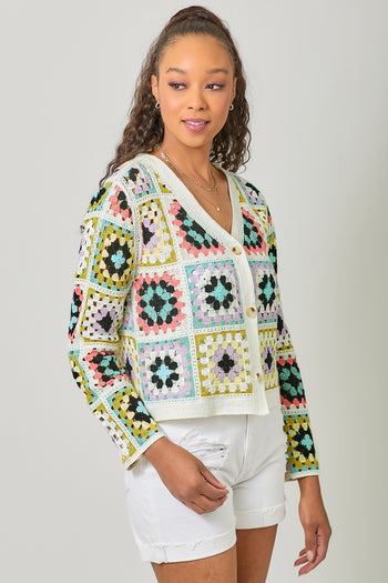 Mystree Crochet Button Up Cardigan in Seafoam Black