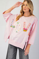 Easel OVERSIZED Top with Mixed Print LOVE Letter Patch Front in Cotton Pink