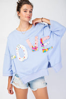 Easel OVERSIZED Top with Mixed Print LOVE Letter Patch Front in Peri Blue