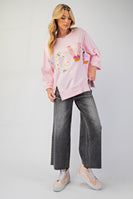 Easel OVERSIZED Top with Mixed Print LOVE Letter Patch Front in Cotton Pink