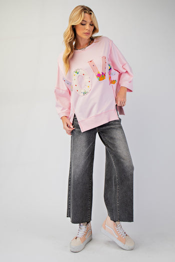 Easel OVERSIZED Top with Mixed Print LOVE Letter Patch Front in Cotton Pink