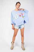 Easel OVERSIZED Top with Mixed Print LOVE Letter Patch Front in Peri Blue