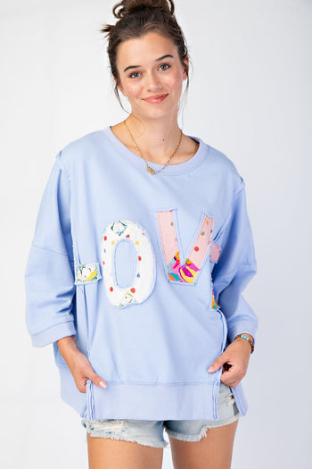 Easel OVERSIZED Top with Mixed Print LOVE Letter Patch Front in Peri Blue