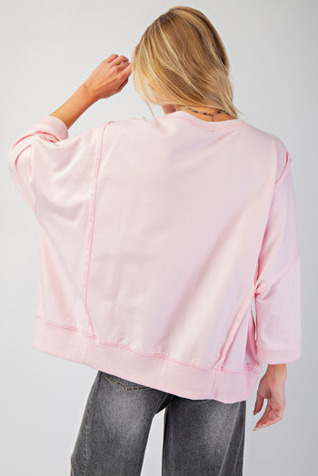 Easel OVERSIZED Top with Mixed Print LOVE Letter Patch Front in Cotton Pink