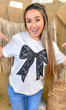 Sugar Stitch Black Lace Bow Graphic T-Shirt in Natural