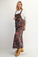 Easel Oversized Floral Print Denim Overall Jumpsuit in Brown