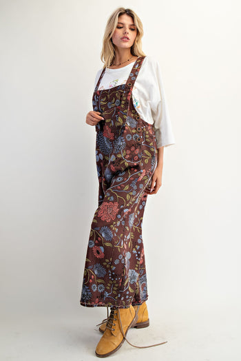 Easel Oversized Floral Print Denim Overall Jumpsuit in Brown