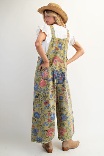Easel Oversized Floral Print Denim Overall Jumpsuit in Sage