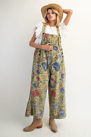 Easel Oversized Floral Print Denim Overall Jumpsuit in Sage