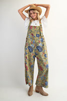 Easel Oversized Floral Print Denim Overall Jumpsuit in Sage