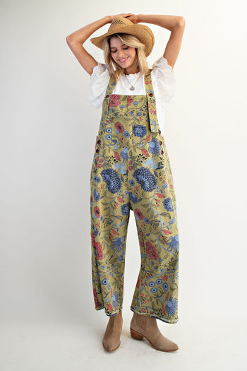 Easel Oversized Floral Print Denim Overall Jumpsuit in Sage