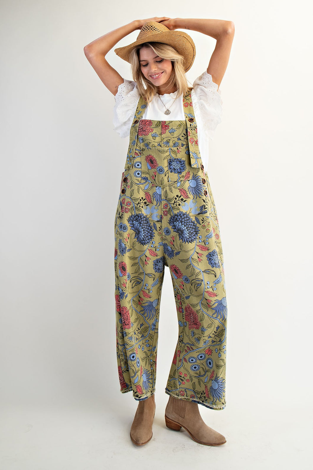 Easel Oversized Floral Print Denim Overall Jumpsuit in Sage