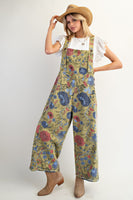 Easel Oversized Floral Print Denim Overall Jumpsuit in Sage