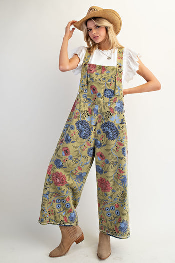 Easel Oversized Floral Print Denim Overall Jumpsuit in Sage