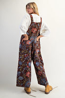 Easel Oversized Floral Print Denim Overall Jumpsuit in Brown