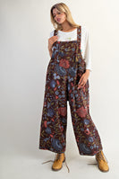 Easel Oversized Floral Print Denim Overall Jumpsuit in Brown