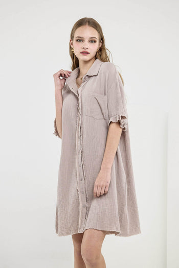 NoaBoa Frayed Edge Gauze Dress in Taupe