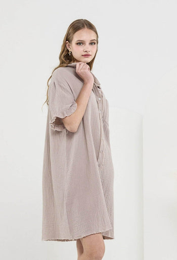 NoaBoa Frayed Edge Gauze Dress in Taupe S NoaBoa Frayed Edge Gauze Dress in Taupe S