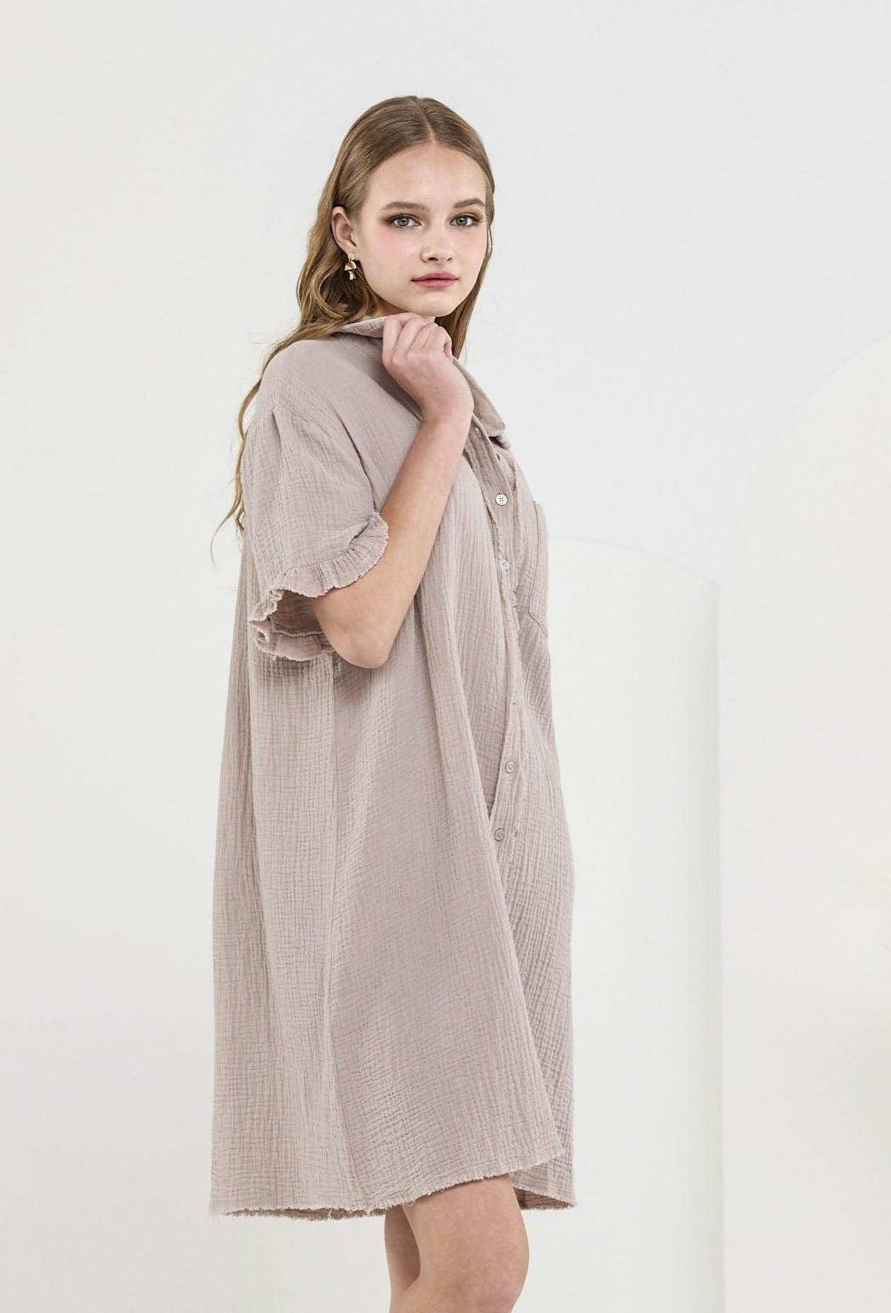 NoaBoa Frayed Edge Gauze Dress in Taupe S NoaBoa Frayed Edge Gauze Dress in Taupe S
