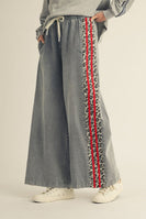 Jodifl Denim Wide Leg Pants with Leopard Side Stripes in Red/Denim