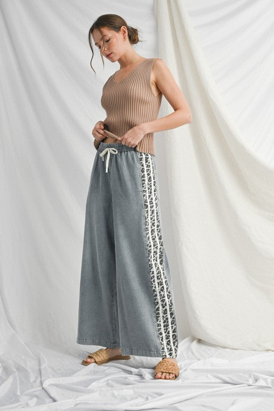 Jodifl Denim Wide Leg Pants with Leopard Side Stripes in Off White