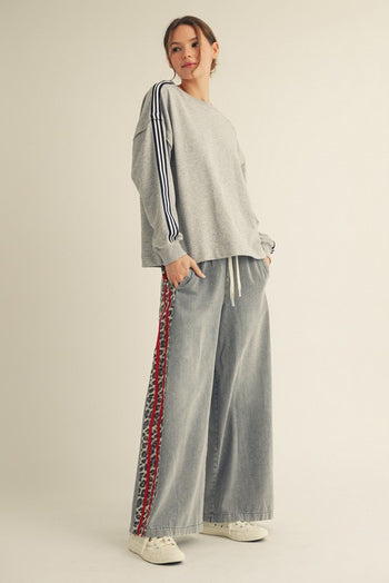 Jodifl Denim Wide Leg Pants with Leopard Side Stripes in Red/Denim