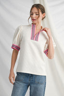 Jodifl Half Zip Textured Top with Contrasting Stripe Details in Ivory