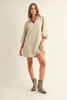 Jodifl Solid Color Textured Mini Dress with Contrasting Stripe Details in Beige
