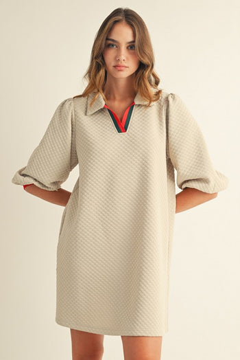 Jodifl Solid Color Textured Mini Dress with Contrasting Stripe Details in Beige