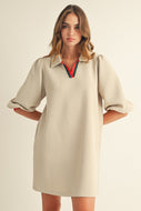 Jodifl Solid Color Textured Mini Dress with Contrasting Stripe Details in Beige