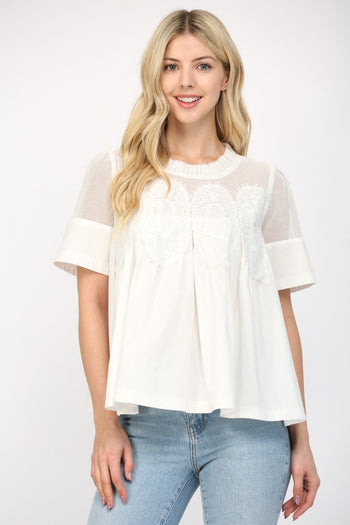 FATE Solid Color Mesh and Knit Top with Applique Details in White
