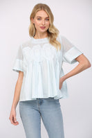 FATE Solid Color Mesh and Knit Top with Applique Details in Baby Blue