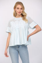 Load image into Gallery viewer, FATE Solid Color Mesh and Knit Top with Applique Details in Baby Blue
