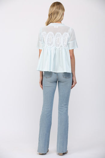 FATE Solid Color Mesh and Knit Top with Applique Details in Baby Blue