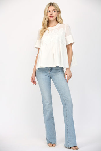 FATE Solid Color Mesh and Knit Top with Applique Details in White