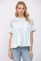 FATE Solid Color Mesh and Knit Top with Applique Details in Baby Blue