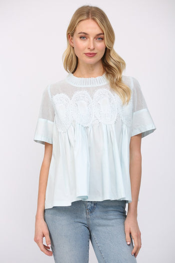 FATE Solid Color Mesh and Knit Top with Applique Details in Baby Blue