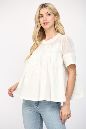 FATE Solid Color Mesh and Knit Top with Applique Details in White