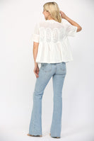 FATE Solid Color Mesh and Knit Top with Applique Details in White